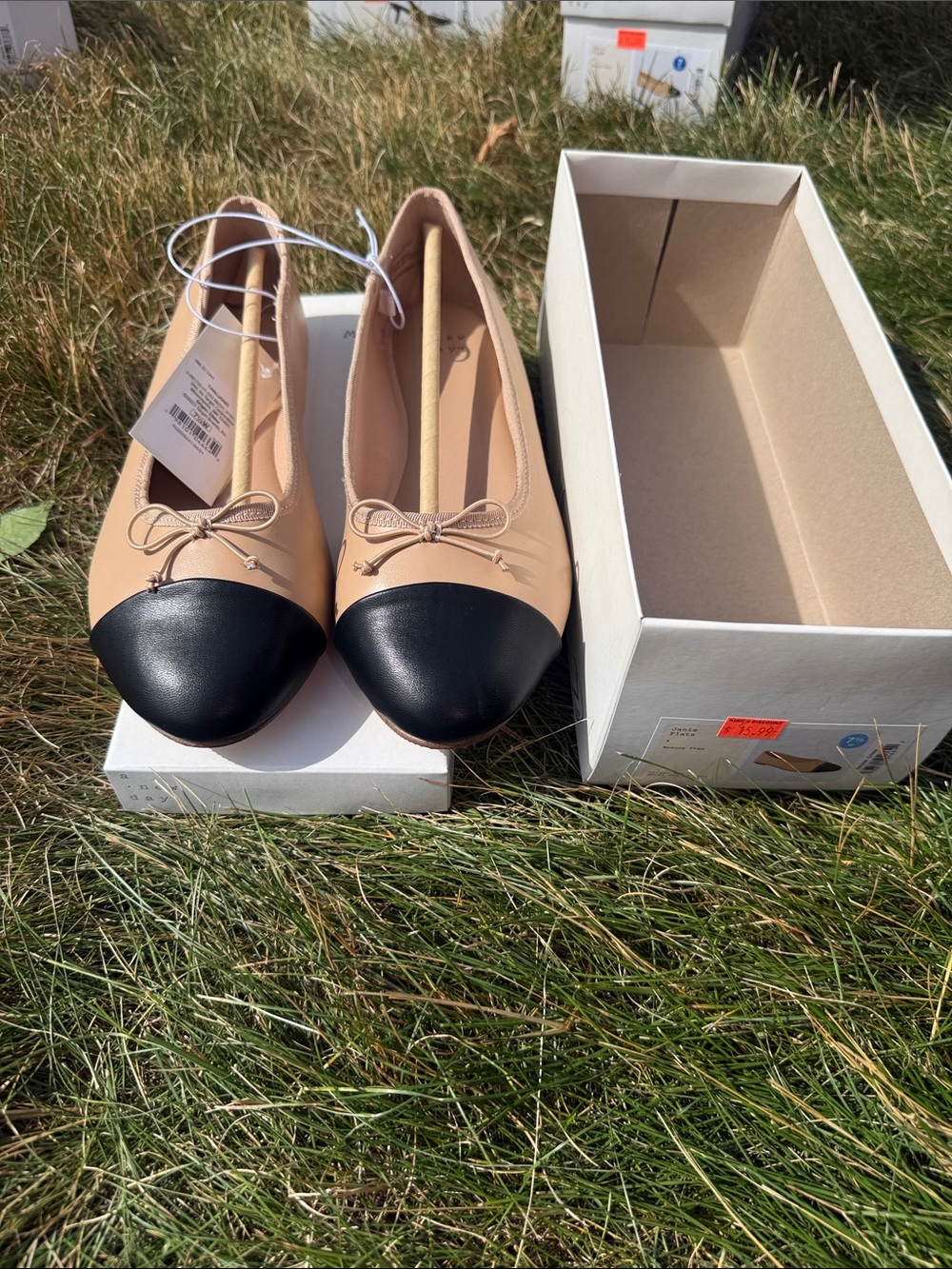 a new day Beige and Black Cap-Toe Ballet Flats with Bow
